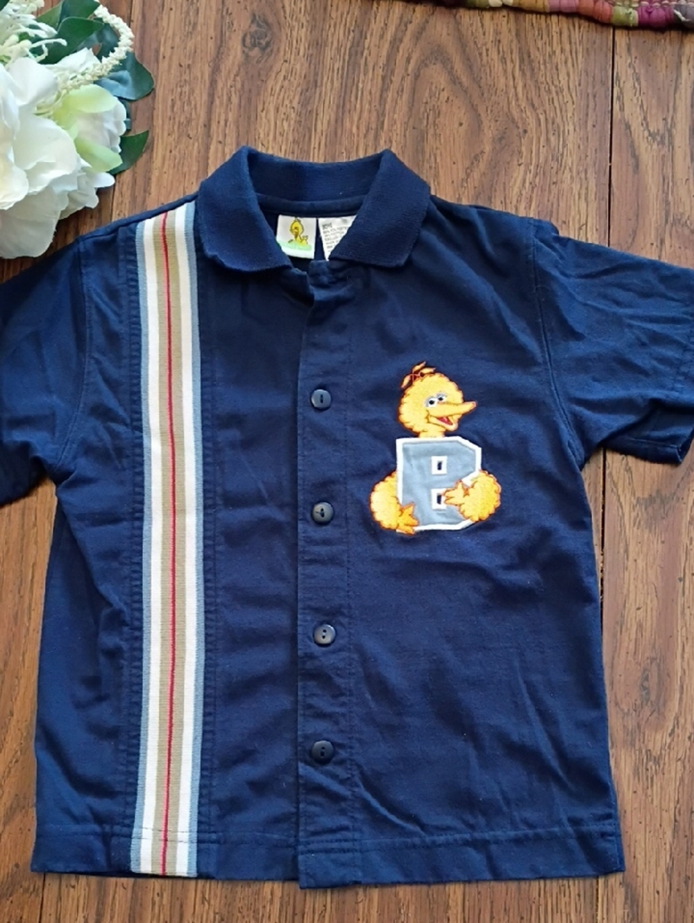 🩷Sesame Street Vintage 1990s Polo Navy Button-Down Shirt with Big Bird Patch 3T